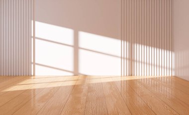 Ahşap zeminli boş oda, iç geometri sahnesi, 3 boyutlu görüntü. Dijital çizim.