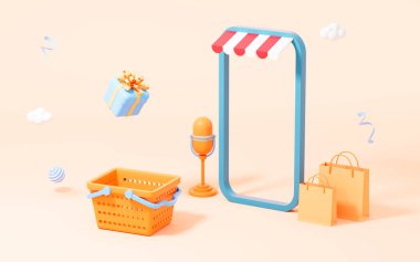 Canlı yayın ve online alışveriş, çizgi film teması, 3D görüntüleme. Dijital çizim.