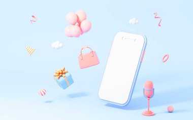 Canlı yayın ve online alışveriş, çizgi film teması, 3D görüntüleme. Dijital çizim.