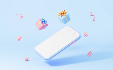 Cep telefonu ve mavi arka planlı hediyeler, üç boyutlu görüntüleme. Dijital çizim.