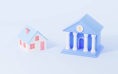 Çizgi film evi ve banka, mavi arka plan, 3D görüntüleme. Dijital çizim.