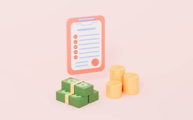 Contract and cash with pink background, financial concept, 3d rendering. Digital drawing. clipart