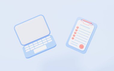 Çizgi film tarzı dizüstü bilgisayar ve mavi arka planda kontrat, 3D görüntüleme. Dijital çizim.