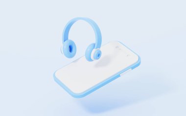 Çizgi film tarzı kulaklıklar ve cep telefonu, 3D görüntüleme. Dijital çizim.