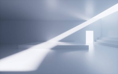 Beyaz soyut geometrik mimari, iç geometri sahnesi, 3D görüntüleme. Dijital çizim.