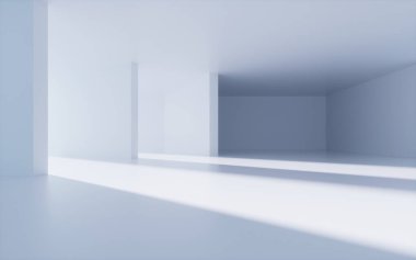 Beyaz soyut geometrik mimari, iç geometri sahnesi, 3D görüntüleme. Dijital çizim.