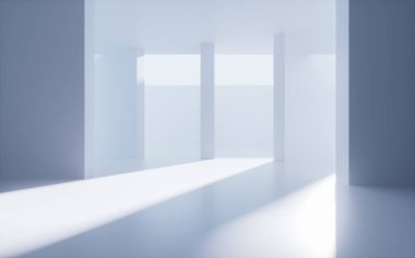 Beyaz soyut geometrik mimari, iç geometri sahnesi, 3D görüntüleme. Dijital çizim.