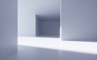 Beyaz soyut geometrik mimari, iç geometri sahnesi, 3D görüntüleme. Dijital çizim.