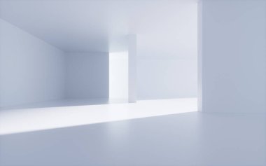 Beyaz soyut geometrik mimari, iç geometri sahnesi, 3D görüntüleme. Dijital çizim.