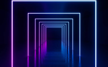 Parlak neon hatları ve tünel, 3D görüntüleme. Dijital çizim.