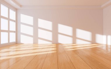 Ahşap zeminli boş oda, iç geometri sahnesi, 3 boyutlu görüntü. Dijital çizim.