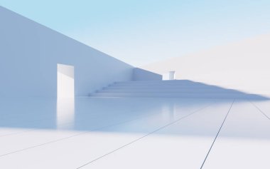 Beyaz soyut geometrik mimari, açık hava mimari sahnesi, 3 boyutlu tasarım. Dijital çizim.