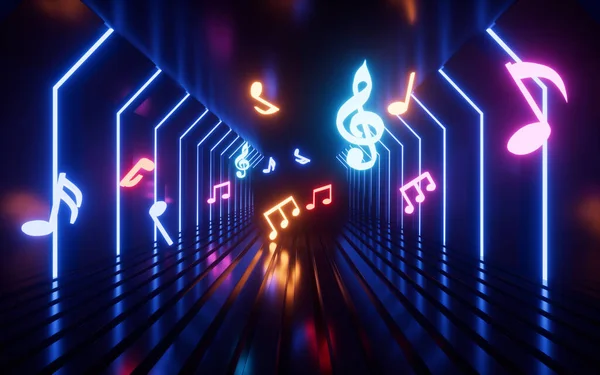 Parlak neon hatları ve tünel, 3D görüntüleme. Dijital çizim.