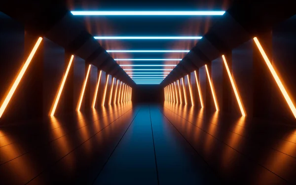 Glödande Neonlinjer Och Tunnel Återgivning Digital Ritning — Stockfoto