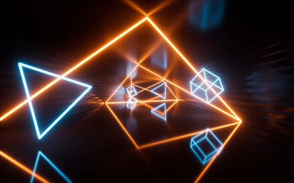 Parlak neon hatları ve tünel, 3D görüntüleme. Dijital çizim.