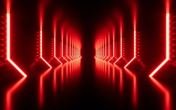 Linhas Néon Brilhante Túnel Renderização Desenho Digital — Fotografia de Stock