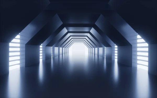 Blå Geometrisk Tunnel Och Neonlinjer Rendering Digital Ritning — Stockfoto