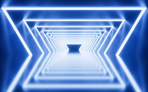 青い幾何学トンネルとネオンライン 3Dレンダリング デジタルドローイング — ストック写真