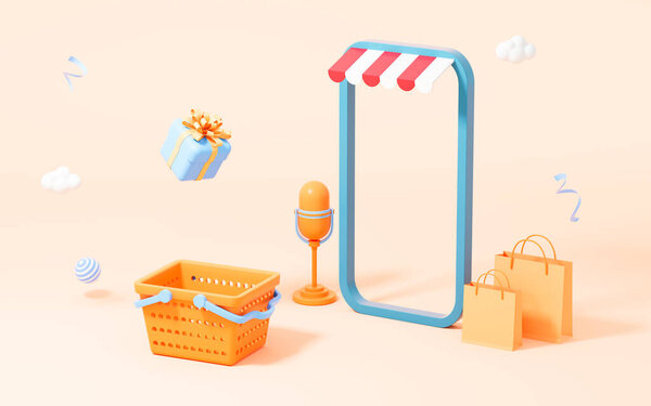 Прямая трансляция и покупки онлайн, мультипликационная тема покупок, 3D рендеринг. Цифровой рисунок.