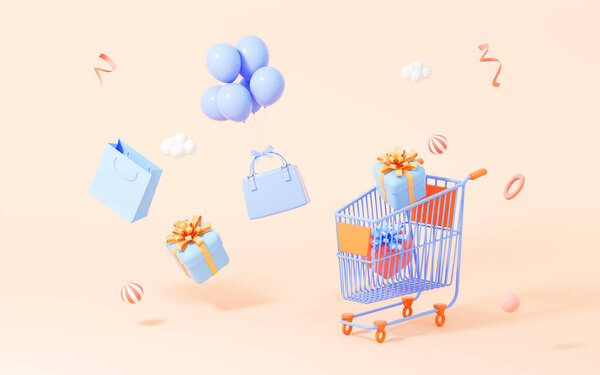 Шоппинг картон и подарки на желтом фоне, мультяшная торговая тема, 3D рендеринг. Цифровой рисунок.