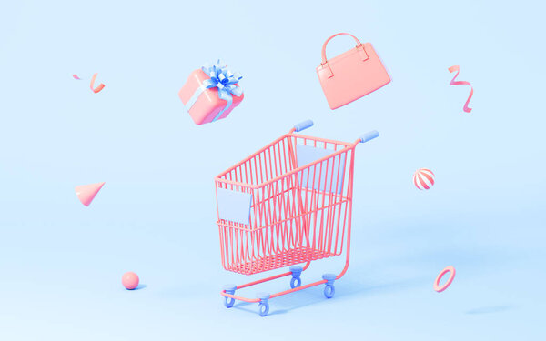Корзина и подарки с голубым фоном, мультфильм торговый тема, 3d рендеринг.