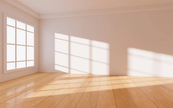 Empty room with wooden floor, Interior geometry scene, 3d rendering. Digital drawing.