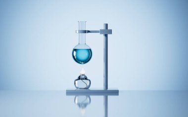 Laboratuvarda yuvarlak matara ve alkol lambası var. Dijital çizim.