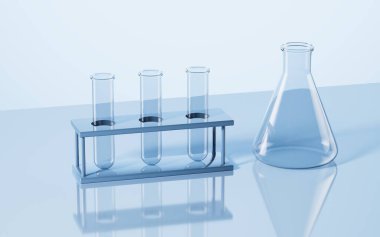 Laboratuvarda boş koni şişesi ve cam tüpler, üç boyutlu görüntüleme. Dijital çizim.