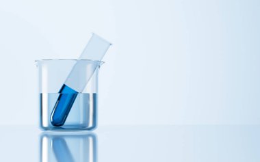 Masanın üstündeki deney tüplerinde 3 boyutlu görüntüler var. Dijital çizim.