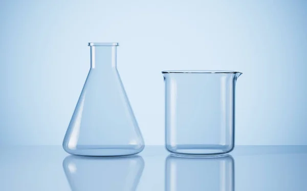 实验室桌子上的空锥形瓶和烧杯 3D渲染 数字绘图 — 图库照片
