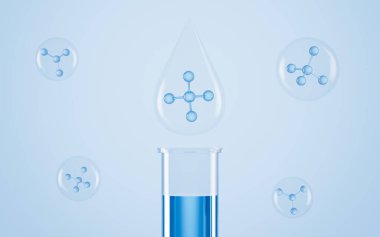 Laboratuvardaki test tüpleri ve molekülleri, bilimsel tıp konsepti, 3D görüntüleme. Dijital çizim.