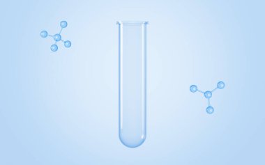 Laboratuvardaki test tüpleri ve molekülleri, bilimsel tıp konsepti, 3D görüntüleme. Dijital çizim.