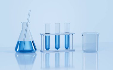 Laboratuvarda cam eşyalar, bilimsel konsept, üç boyutlu görüntüleme. Dijital çizim.