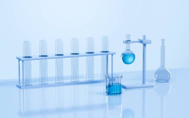 Laboratuvarda cam eşyalar, bilimsel konsept, üç boyutlu görüntüleme. Dijital çizim.