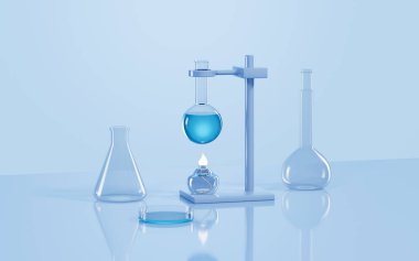 Laboratuvarda cam eşyalar, 3 boyutlu görüntüleme. Dijital çizim.