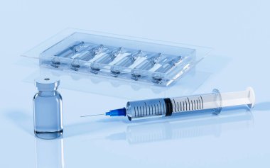 Laboratuvarda ampuller ve şırıngalar, 3 boyutlu görüntüleme. Dijital çizim.