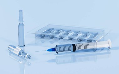 Laboratuvarda ampuller ve şırıngalar, 3 boyutlu görüntüleme. Dijital çizim.