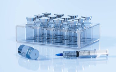 Laboratuvarda ampuller ve şırıngalar, 3 boyutlu görüntüleme. Dijital çizim.