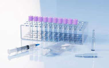 Laboratuvarda vakum örnek kabı ve şırıngalar, ilaç konsepti, 3 boyutlu görüntüleme. Dijital çizim.