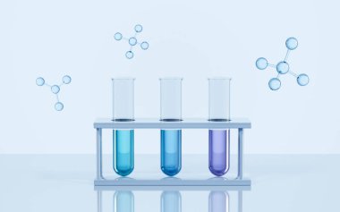 Laboratuvardaki test tüpleri ve molekülleri, bilimsel tıp konsepti, 3D görüntüleme. Dijital çizim.