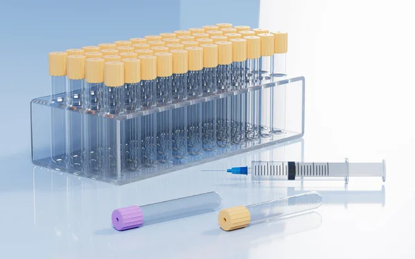 stock image Vacuum sampling vessel and syringes in the lab, concept of the medicine, 3d rendering. Digital drawing.