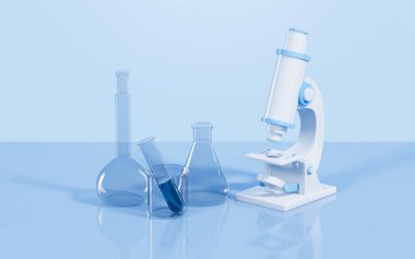 Laboratuvarda mikroskop ve cam eşyalar var. Dijital çizim.