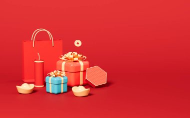 Alışveriş çantaları ve hediyeler, Bahar Festivali alışveriş teması, 3D görüntüleme. Dijital çizim.