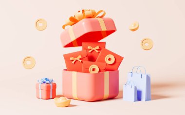 Açılış hediyesi olarak kırmızı zarflar, Bahar Festivali teması, 3D resim. Dijital çizim.