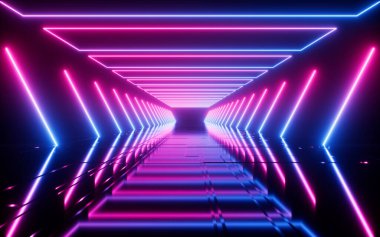 Parlak neon tüneli, soyut neon çizgileri bilim kurgu arka planı, 3D görüntüleme. Dijital çizim.