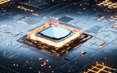 Elektronik çipler, devre kartları, bilim ve teknoloji materyalleri, 3D görüntüleme. Dijital çizim.