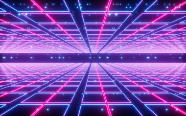 Parlak neon hatları ve ızgara, neon arka plan, 3D görüntüleme. Dijital çizim.