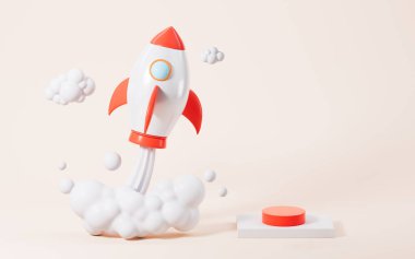 Çizgi film roketi fırlatılışı ve sarı arkaplandaki düğme, 3D görüntüleme. Dijital çizim.