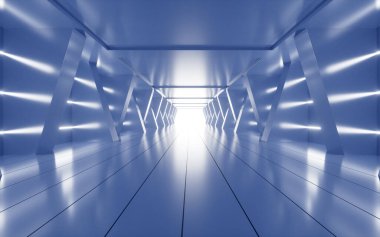 Neon çizgileri olan mavi soyut tünel, 3 boyutlu. Dijital çizim.