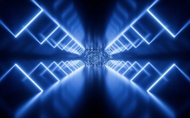 Parlak neon tüneli, soyut neon çizgileri bilim kurgu arka planı, 3D görüntüleme. Dijital çizim.